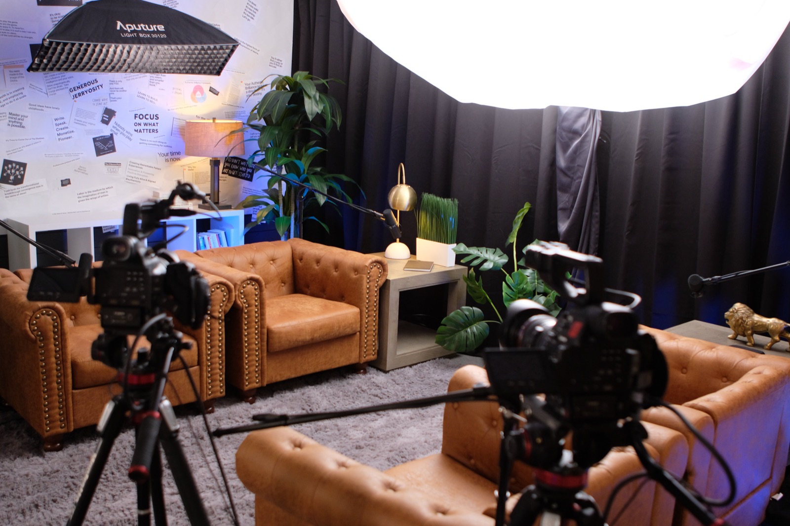 The Wholehearted set at BYND Studios: leather chairs, warm lamps, and cameras ready to roll