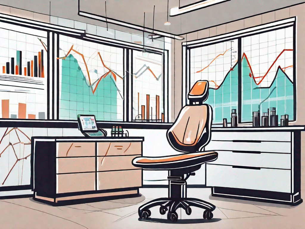 A dental office with a visible price tag against a backdrop of financial graphs and charts