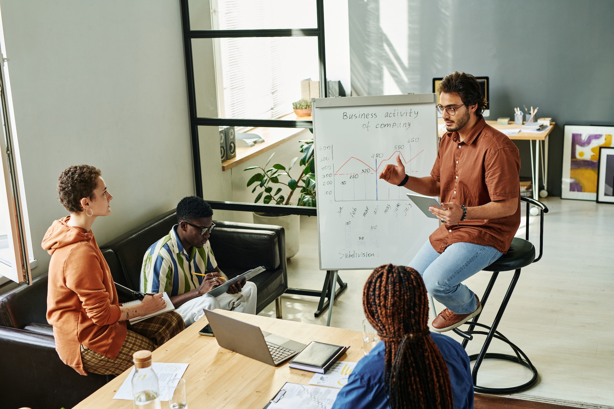 Young confident business coach sitting by whiteboard